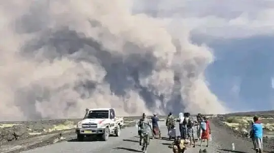 The volcano has erupted and the lava is rising up.