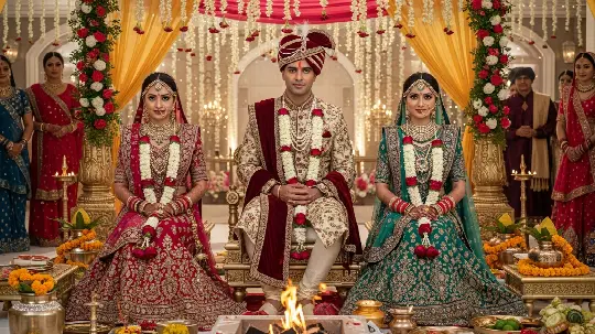 An Indian man sits with two Women in a wedding ceremony