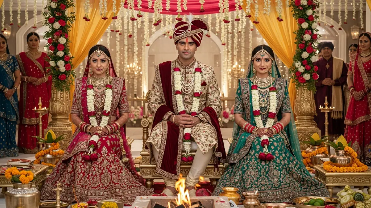 An Indian man sits with two Women in a wedding ceremony